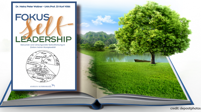 Werbefoto für das Buch Fokus Selfleadership – Gesunde und wirkungsvolle Selbstführung in Zeiten hoher Komplexität – von Heinz Peter Wallner und Kurt Völkl. Das Foto zeigt das Buchcover und einen Baum auf einer Wiese als Hintergrund.